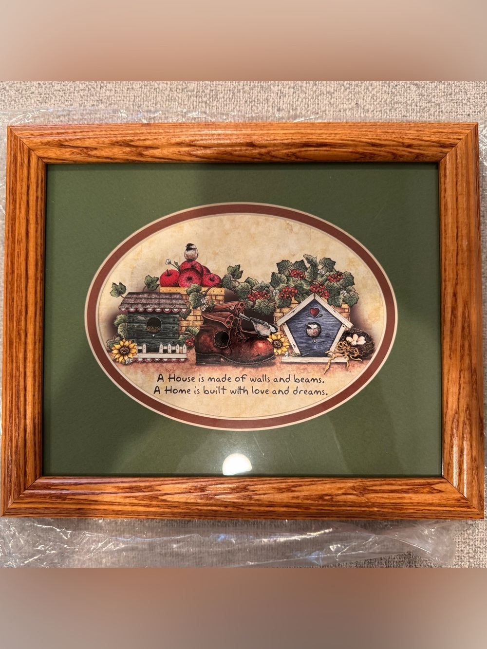 Vintage Home and Garden Party Framed Print Love and Dreams Country Birdhouse Oak